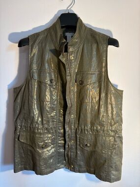 Chico’s Metallic Gold Linen Blend Utility Vest Size 1 (M) Safari Style